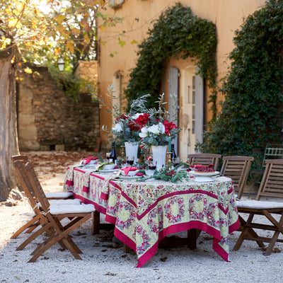 French Tablecloth Winter Garden Wreath Red & Green