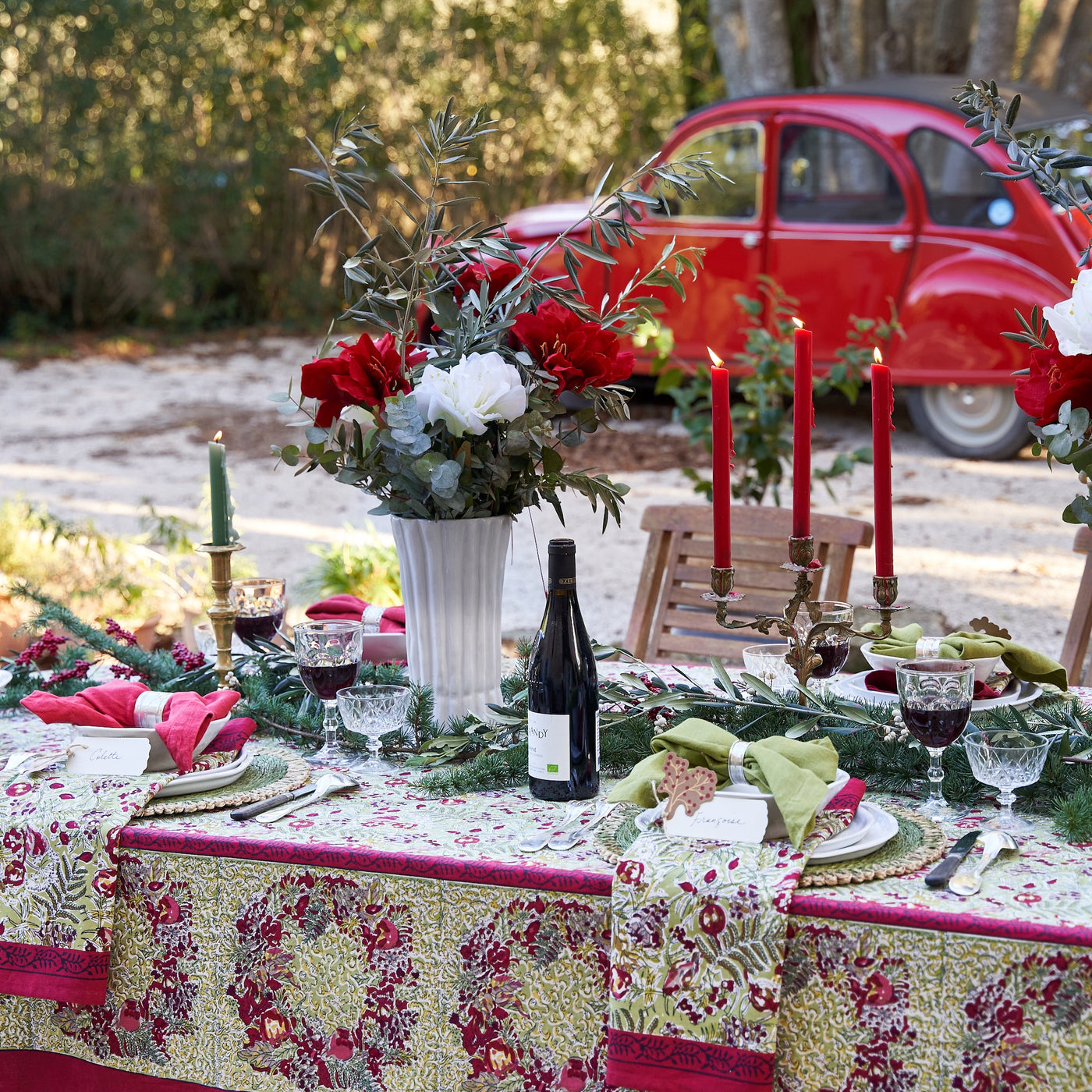 French Tablecloth Winter Garden Wreath Red & Green