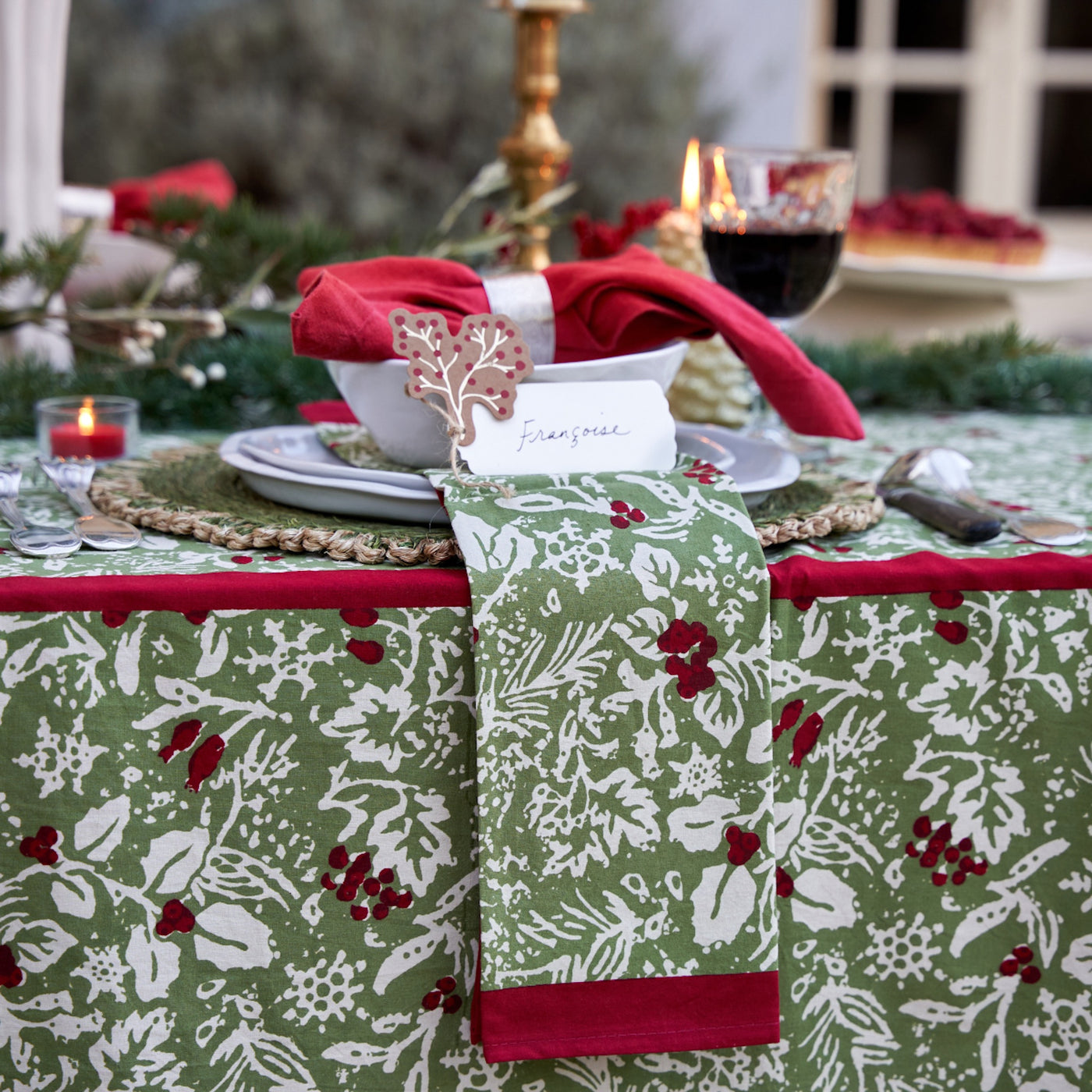 French Tablecloth Baies de Houx Red & Green